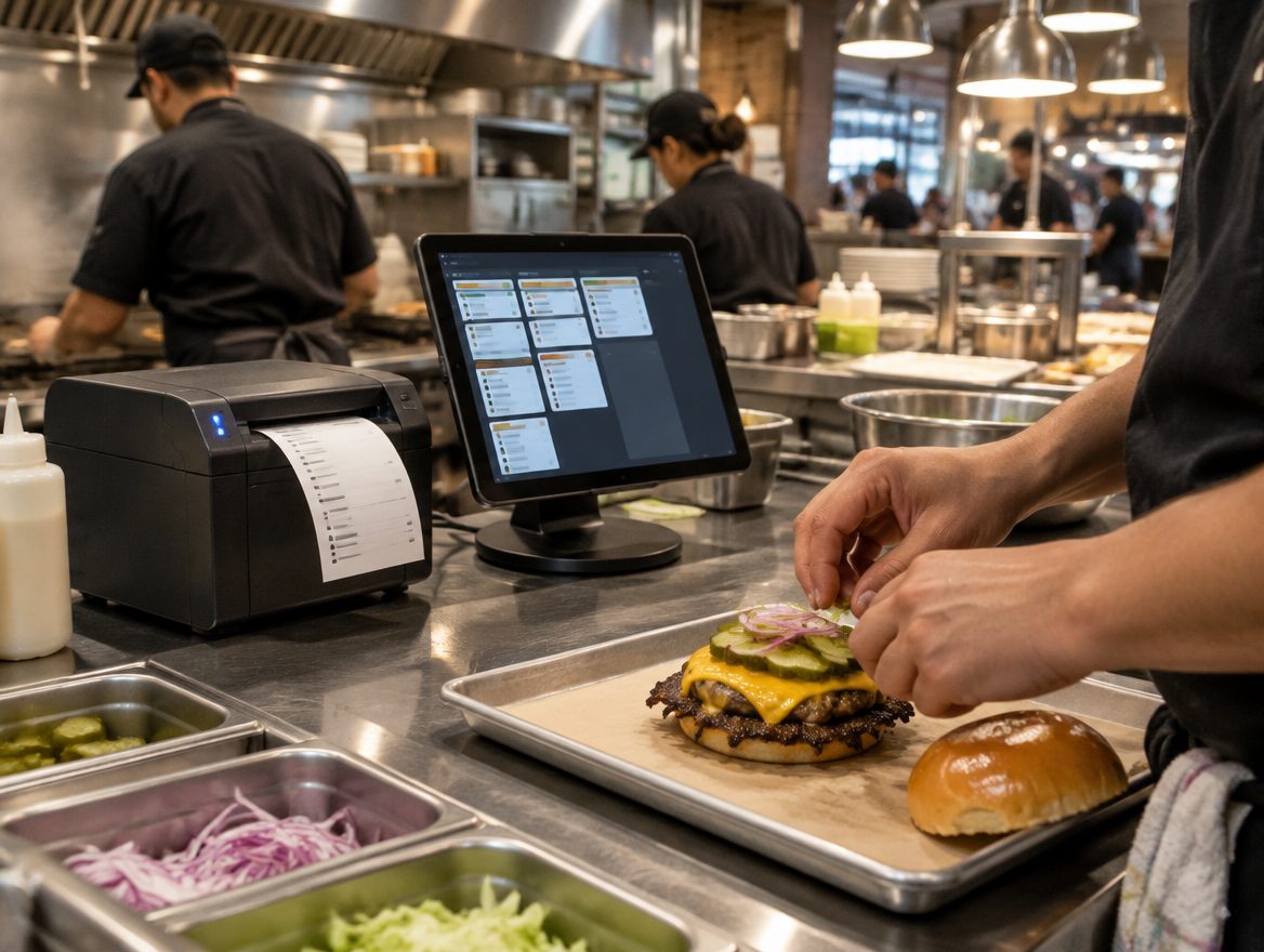 Cocina de un restaurante con impresora térmica imprimiendo una orden y una pantalla de pedidos