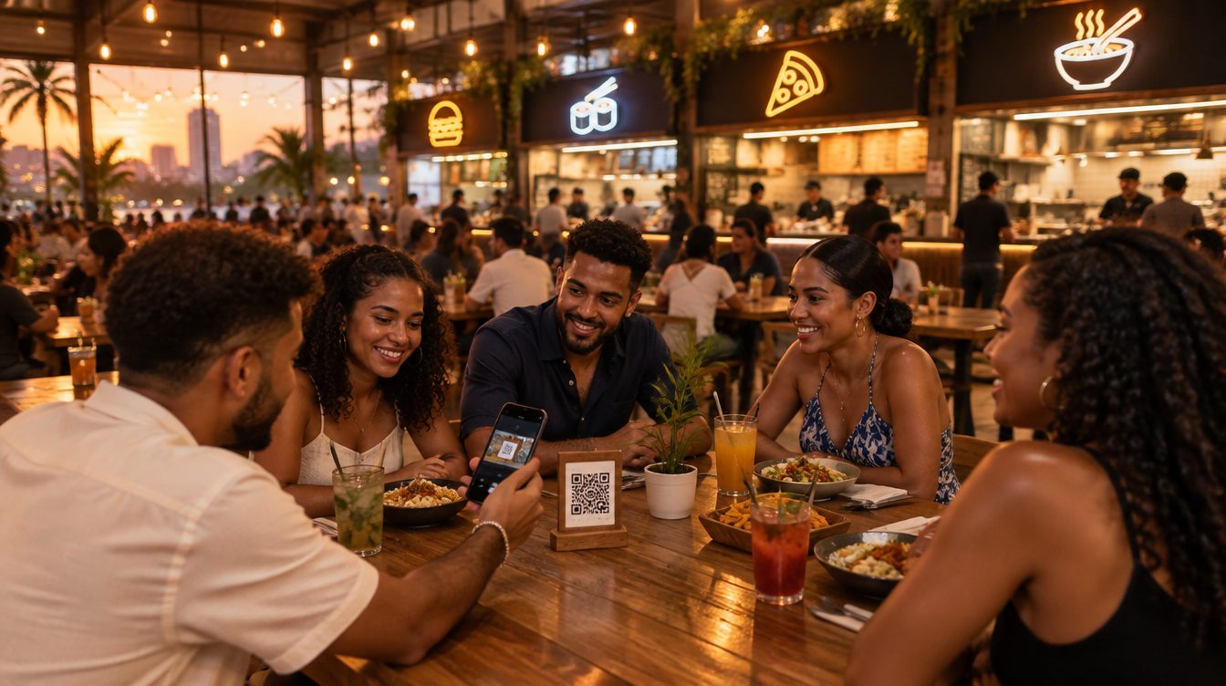 Grupo de amigos en un food hall escaneando el QR de la mesa con el celular