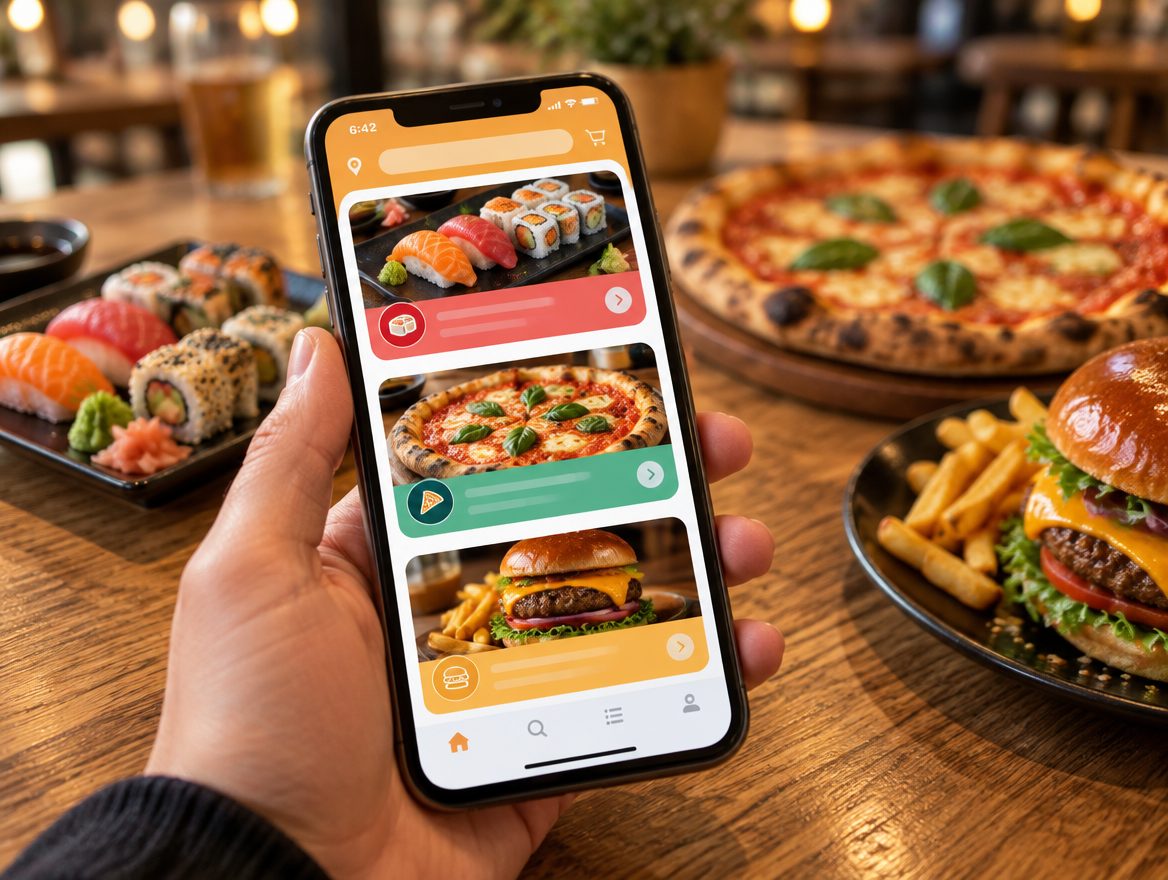 Mano sosteniendo un celular con la app de pedidos y tarjetas de restaurantes